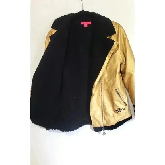 Betsey Johnson Gold Moto Jacket Girls size XL 14 faux leather with fleece lining - Picture 4 of 7